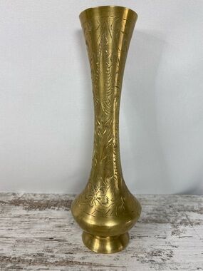 Vintage Brass Vase Etched Floral Mid Century Boho India 8.25”
